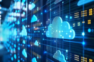 Ilustración de nube digital conectada a un portátil que simboliza el trabajo remoto y seguro
