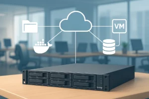 Servidor NAS Synology en formato rack dentro de un armario, conectado a servicios en la nube para una oficina digital moderna