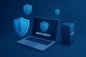 Servidor Synology tipo rack en oficina moderna con logotipo de ESET, simbolizando seguridad y protección antivirus profesional.