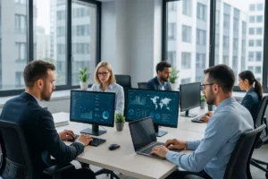 Equipo trabajando en una oficina moderna con pantallas y tecnología empresarial