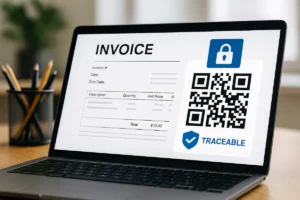 Pantalla de ordenador mostrando una factura digital con código QR y sello de verificación, simbolizando la trazabilidad exigida por el sistema VERI*FACTU.