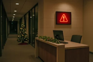 Recepción de oficina vacía decorada en Navidad con un icono de alerta digital, representando los riesgos de seguridad informática durante las vacaciones.