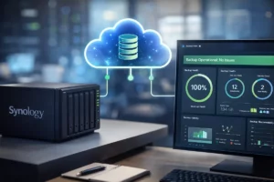 Servidor Synology conectado a la nube mostrando un sistema de backup monitorizado para garantizar la continuidad de negocio de una empresa.