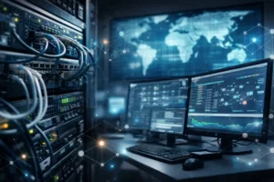 Infraestructura de red empresarial con servidores, cableado estructurado y monitores de gestión en un entorno profesional.