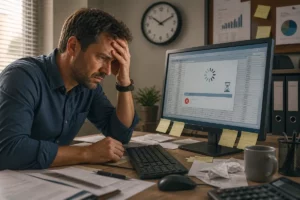 usuario frustrado por software de empresa lento trabajando con ordenador