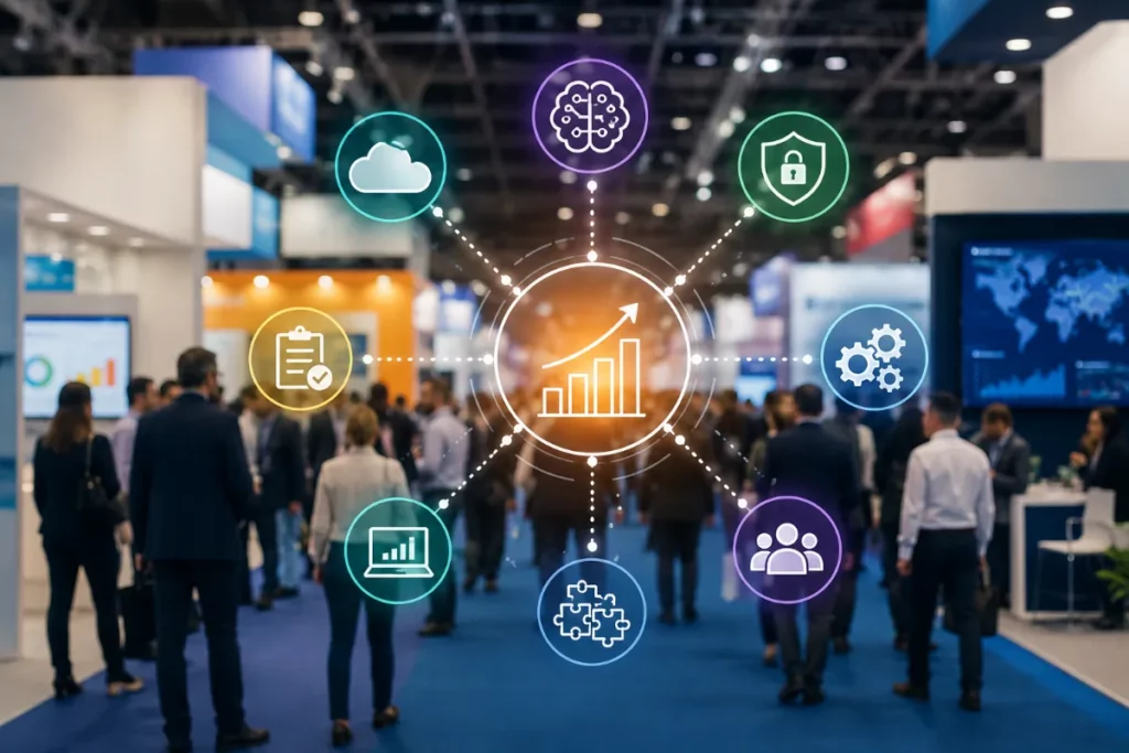 Profesionales en una feria tecnológica con iconos que representan las principales tendencias del software empresarial