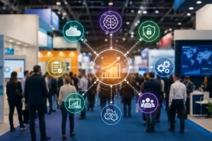 Profesionales en una feria tecnológica con iconos que representan las principales tendencias del software empresarial