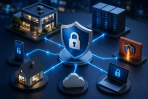 Ilustración de una VPN para empresas conectando de forma segura oficinas, servidores, teletrabajo y servicios en la nube.