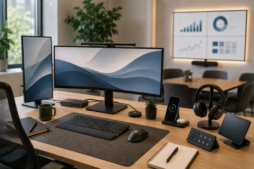 Puesto de trabajo moderno con tecnología en la oficina para mejorar la comodidad y productividad del trabajador.