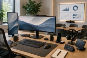 Puesto de trabajo moderno con tecnología en la oficina para mejorar la comodidad y productividad del trabajador.