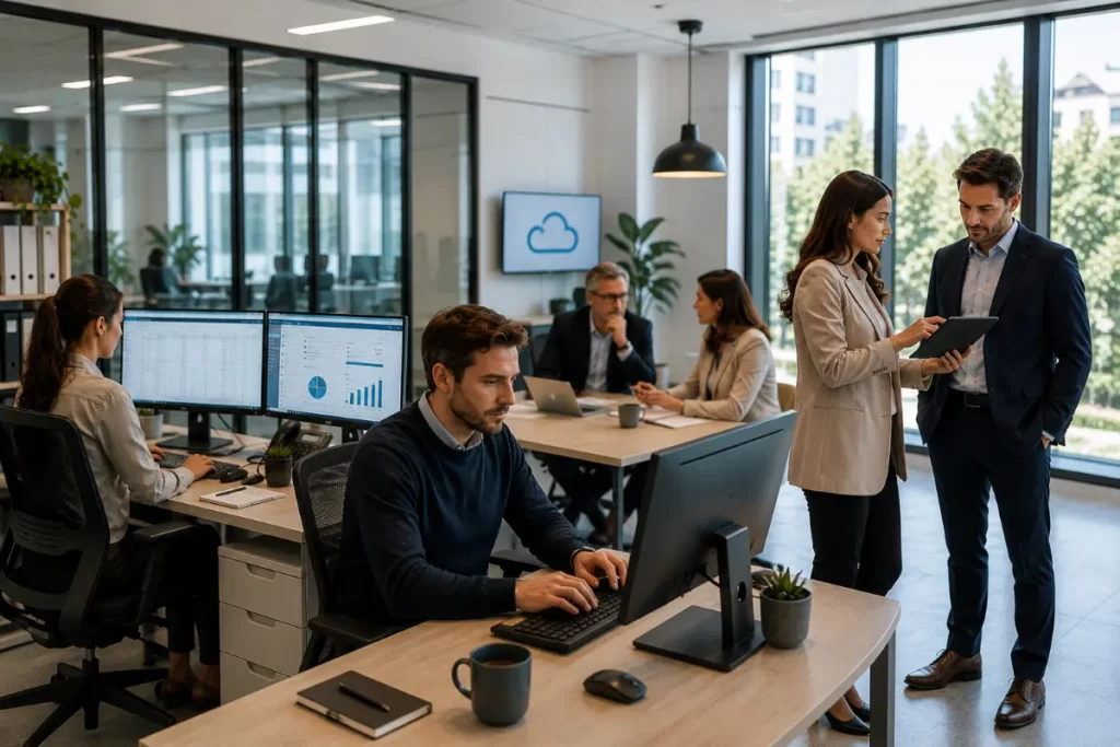 Distintos profesionales utilizando PC e iPad para trabajar según las necesidades de cada puesto.