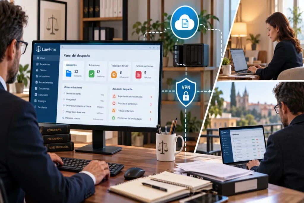 Despacho de abogados digitalizado con gestión de expedientes, nube privada y acceso remoto seguro.