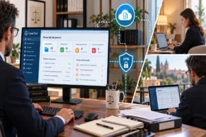 Despacho de abogados digitalizado con gestión de expedientes, nube privada y acceso remoto seguro.